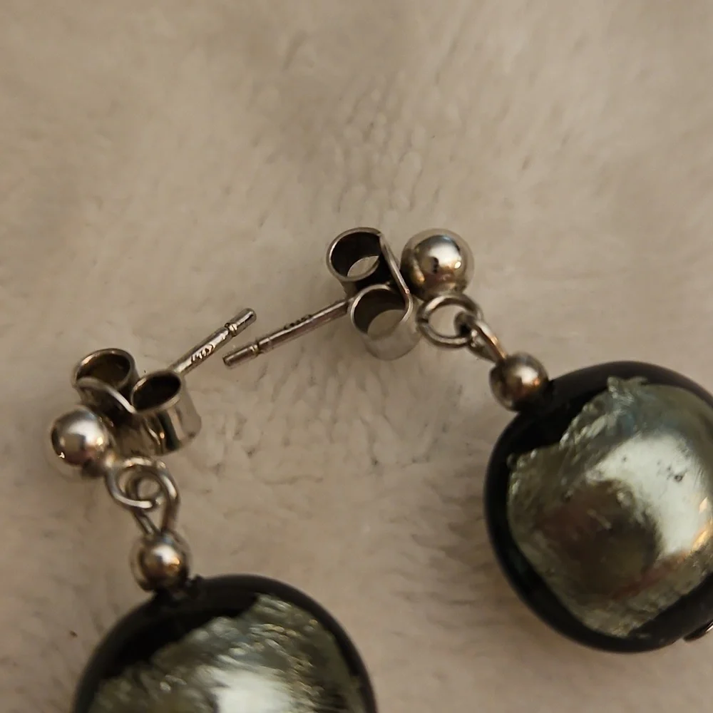 MURANO Sterling Silver Black and Silver Fused Glass Bypass Bracelet Earrings Set